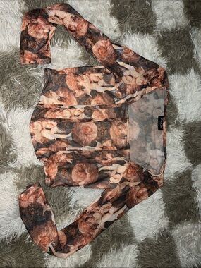 Sheer Renaissance Print Long-Sleeve Crop Top - Brown Floral